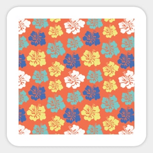 Hibiscus flower silhouettes. Yellow, royal blue and aqua blue Hawaiian hibiscus flowers on an orange background. Vintage inspired. Sticker